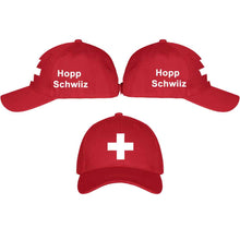 Carica l&#39;immagine nel visualizzatore di Gallery, Baseball Cap Rot mit Schweizerkreuz, Text Hopp Schwiiz
