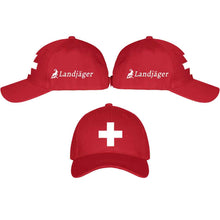 Charger l&#39;image dans la galerie, Baseball Cap Rot mit Schweizerkreuz, Text Landjäger
