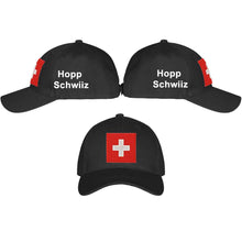 Lade das Bild in den Galerie-Viewer, Baseball Cap Schwarz mit Schweizerkreuz, Text Hopp Schwiiz
