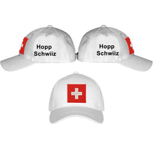 Charger l&#39;image dans la galerie, Baseball Cap Weiss mit Schweizerkreuz, Text Hopp Schwiiz
