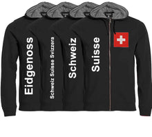 Load image into Gallery viewer, Kapuzenjacke Unisex Schwarz mit Schweizerkreuz Patch und Text
