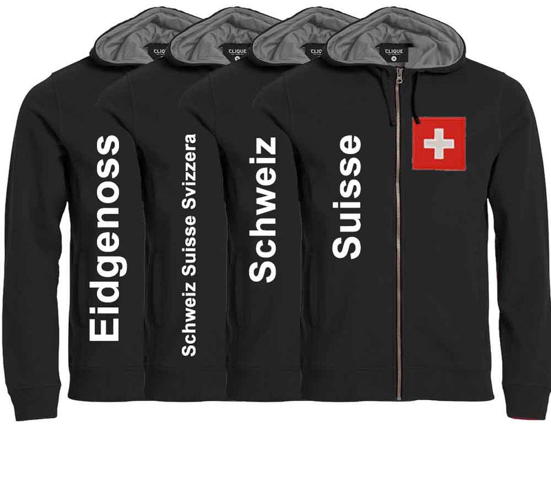 Kapuzenjacke Unisex Schwarz mit Schweizerkreuz Patch und Text