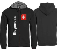 Load image into Gallery viewer, Kapuzenjacke Unisex Schwarz mit Schweizerkreuz Patch und Text Eidgneoss
