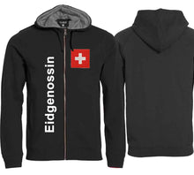 Load image into Gallery viewer, Kapuzenjacke Unisex Schwarz mit Schweizerkreuz Patch und Text Eidgenossin
