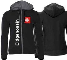 Charger l&#39;image dans la galerie, Kapuzenjacke Damen Schwarz mit Schweizerkreuz und Text Eidgneossin
