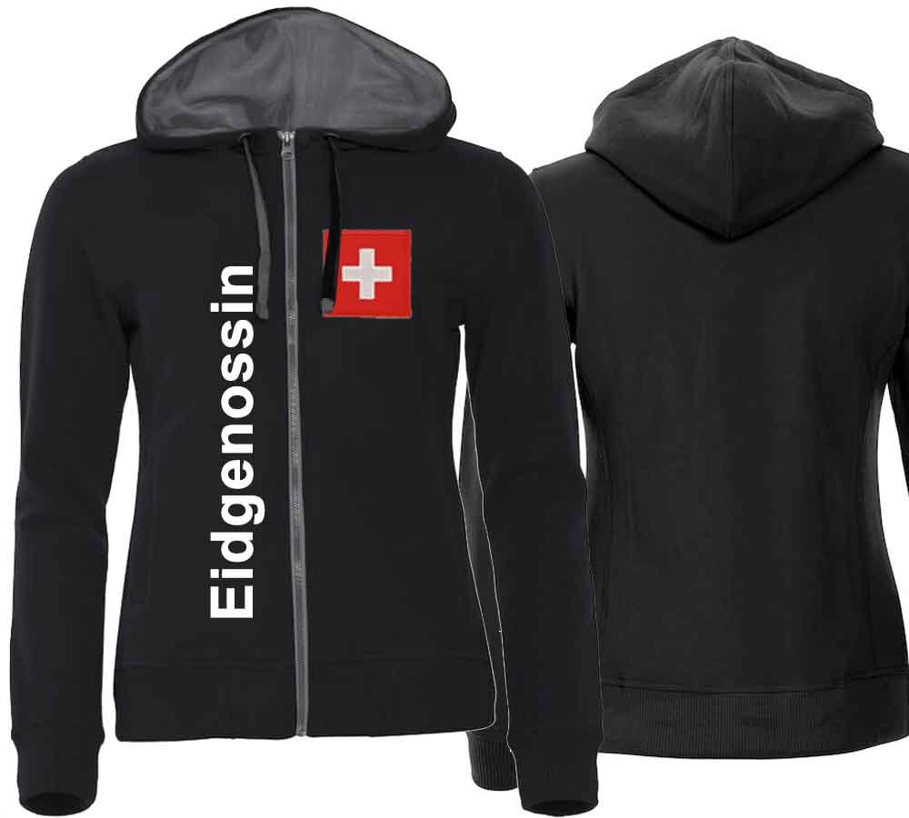 Kapuzenjacke Damen Schwarz mit Schweizerkreuz und Text Eidgneossin