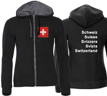 Lade das Bild in den Galerie-Viewer, Kapuzenjacke Damen Schwarz mit Schweizerkreuz und Text Schweizer Pass Design
