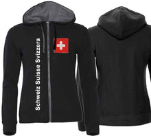 Carica l&#39;immagine nel visualizzatore di Gallery, Kapuzenjacke Damen Schwarz mit Schweizerkreuz und Text Schweiz Suisse Svizzera
