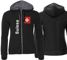 Load image into Gallery viewer, Kapuzenjacke Damen Schwarz mit Schweizerkreuz und Text Suisse
