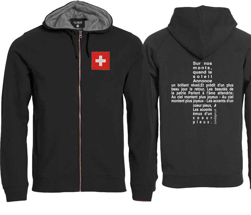 Kapuzenjacke Schwarz mit Nationalhymne und Schweizerkreuz