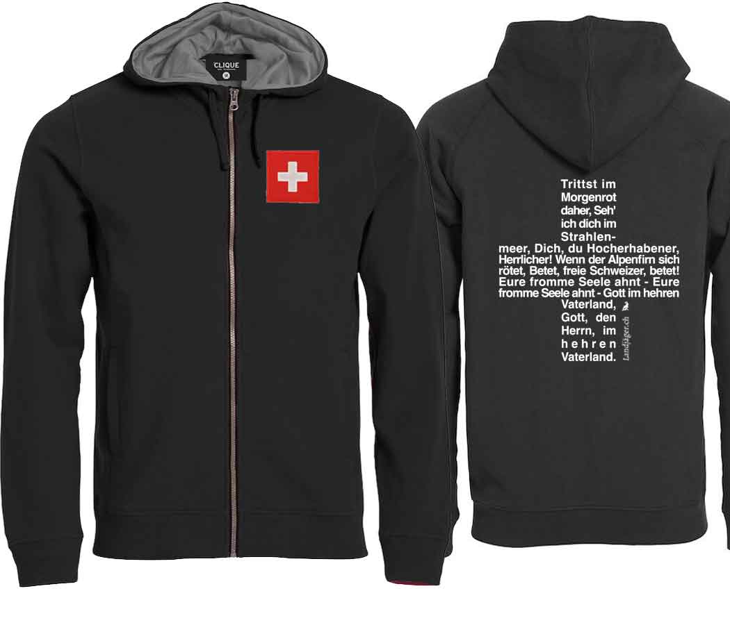 Kapuzenjacke Schwarz mit Nationalhymne und Schweizerkreuz