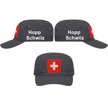 Load image into Gallery viewer, Militär Cap Anthrazit mit Schweizerkreuz, Text Hopp Schwiiz
