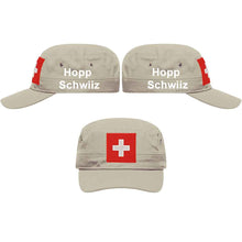 Charger l&#39;image dans la galerie, Militär Cap Khaki mit Schweizerkreuz, Text Hopp Schwiiz
