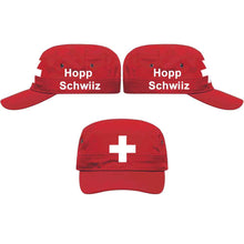 Load image into Gallery viewer, Militär Cap Rot mit Schweizerkreuz, Text Hopp Schwiiz
