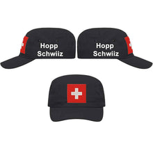 Load image into Gallery viewer, Militär Cap Schwarz mit Schweizerkreuz, Text Hopp Schwiiz
