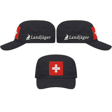 Charger l&#39;image dans la galerie, Militär Cap Schwarz mit Schweizerkreuz, Text Landjäger
