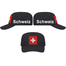 Load image into Gallery viewer, Militär Cap Schwarz mit Schweizerkreuz, Text Schweiz
