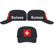 Charger l&#39;image dans la galerie, Militär Cap Schwarz mit Schweizerkreuz, Text Suisse
