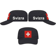 Load image into Gallery viewer, Militär Cap Schwarz mit Schweizerkreuz, Text Svizra
