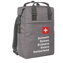 Load image into Gallery viewer, Trage Rucksack in Grau mit Schweizerkreuz und schweizer Pass Design

