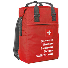 Load image into Gallery viewer, Trage Rucksack in Rot mit Schweizerkreuz und Schweizer Pass Design
