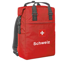 Carica l&#39;immagine nel visualizzatore di Gallery, Trage Rucksack in Rot mit Schweizerkreuz und Text Schweiz
