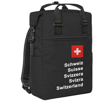 Charger l&#39;image dans la galerie, Trage Rucksack in Schwarz mit Schweizerkreuz und Schweizer Pass Design
