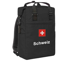 Carica l&#39;immagine nel visualizzatore di Gallery, Trage Rucksack in Schwarz mit Schweizerkreuz und Text Schweiz
