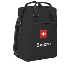 Carica l&#39;immagine nel visualizzatore di Gallery, Trage Rucksack in Schwarz mit Schweizerkreuz und Text Svizra
