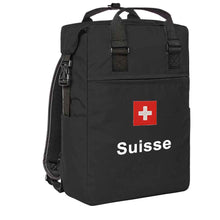 Carica l&#39;immagine nel visualizzatore di Gallery, Trage Rucksack in Schwarz mit Schweizerkreuz und Text Suisse
