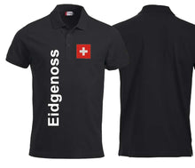 Carica l&#39;immagine nel visualizzatore di Gallery, Polo Unisex Schwarz mit Schweizerkreuz Patch und Text Eidgneoss
