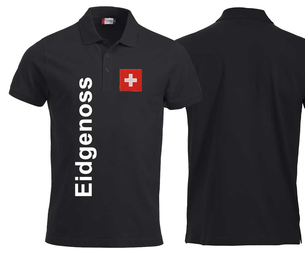 Polo Unisex Schwarz mit Schweizerkreuz Patch und Text Eidgneoss