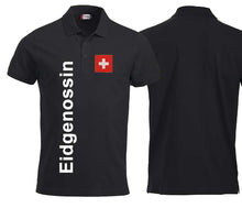 Lade das Bild in den Galerie-Viewer, Polo Unisex Schwarz mit Schweizerkreuz Patch und Text Eidgenossin
