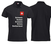 Load image into Gallery viewer, Polo Unisex Schwarz mit Schweizerkreuz Patch und Text Schweizer Pass Design
