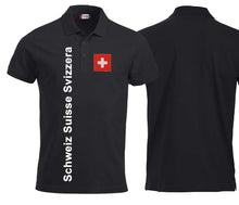 Carica l&#39;immagine nel visualizzatore di Gallery, Polo Unisex Schwarz mit Schweizerkreuz Patch und Text Schweiz Suisse Svizzera
