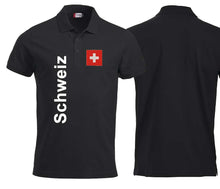 Lade das Bild in den Galerie-Viewer, Polo Unisex Schwarz mit Schweizerkreuz Patch und Text Schweiz
