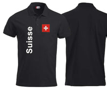 Load image into Gallery viewer, Polo Unisex Schwarz mit Schweizerkreuz Patch und Text Suisse
