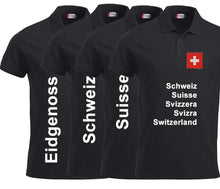 Load image into Gallery viewer, Polo Unisex Schwarz mit Schweizerkreuz Patch und Text
