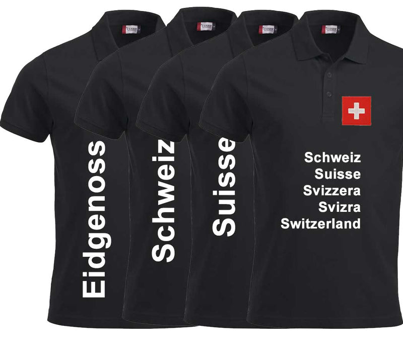 Polo Unisex Schwarz mit Schweizerkreuz Patch und Text