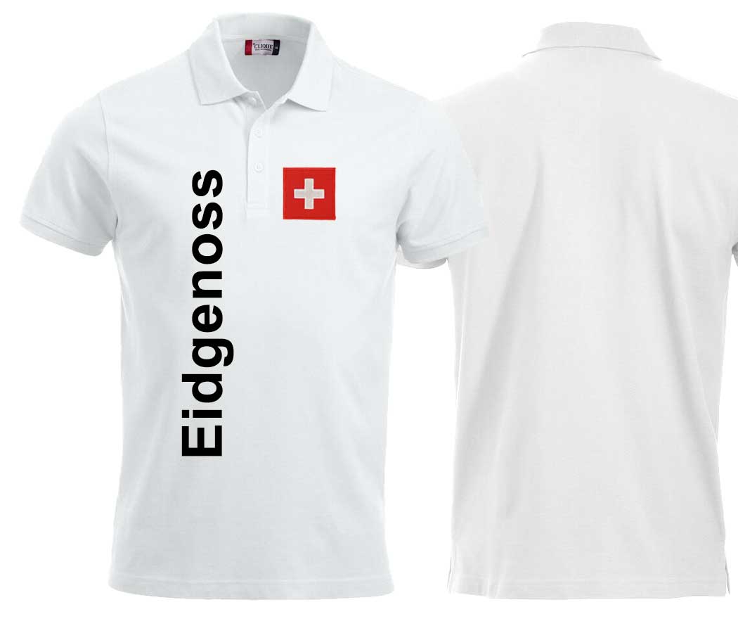 Polo White Edition mit Schweizerkreuz und Text Eidgneoss