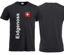 Carica l&#39;immagine nel visualizzatore di Gallery, T-Shirt Unisex Schwarz mit Schweizerkreuz und Text Eidgneoss
