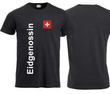 Load image into Gallery viewer, T-Shirt Unisex Schwarz mit Schweizerkreuz und Text Eidgenossin
