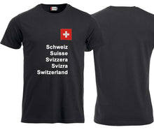 Carica l&#39;immagine nel visualizzatore di Gallery, T-Shirt Unisex Schwarz mit Schweizerkreuz und Text Schweizer Pass
