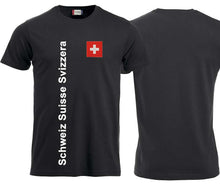 Carica l&#39;immagine nel visualizzatore di Gallery, T-Shirt Unisex Schwarz mit Schweizerkreuz und Text Schweiz Suisse Svizzera
