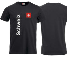 Charger l&#39;image dans la galerie, T-Shirt Unisex Schwarz mit Schweizerkreuz und Text Schweiz
