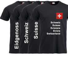 Load image into Gallery viewer, T-Shirt Unisex Schwarz mit Schweizerkreuz und Text
