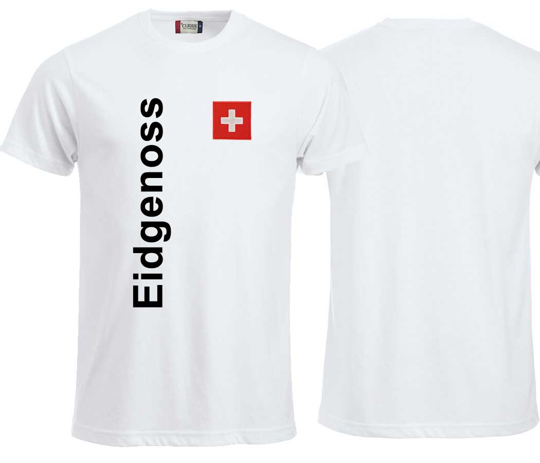 T-Shirt Weiss mit Schweizerkreuz und Text Eidgenoss