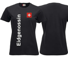 Carica l&#39;immagine nel visualizzatore di Gallery, T-Shirt Damen Schwarz mit Schweizerkreuz und Text Eidgneossin
