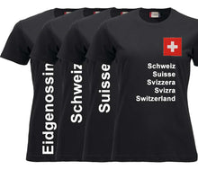 Carica l&#39;immagine nel visualizzatore di Gallery, T-Shirt Damen Schwarz mit Schweizerkreuz und Text
