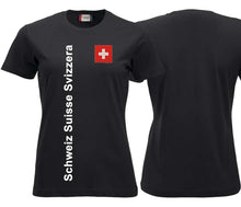 Carica l&#39;immagine nel visualizzatore di Gallery, T-Shirt Damen Schwarz mit Schweizerkreuz und Text Schweiz Suisse Svizzera
